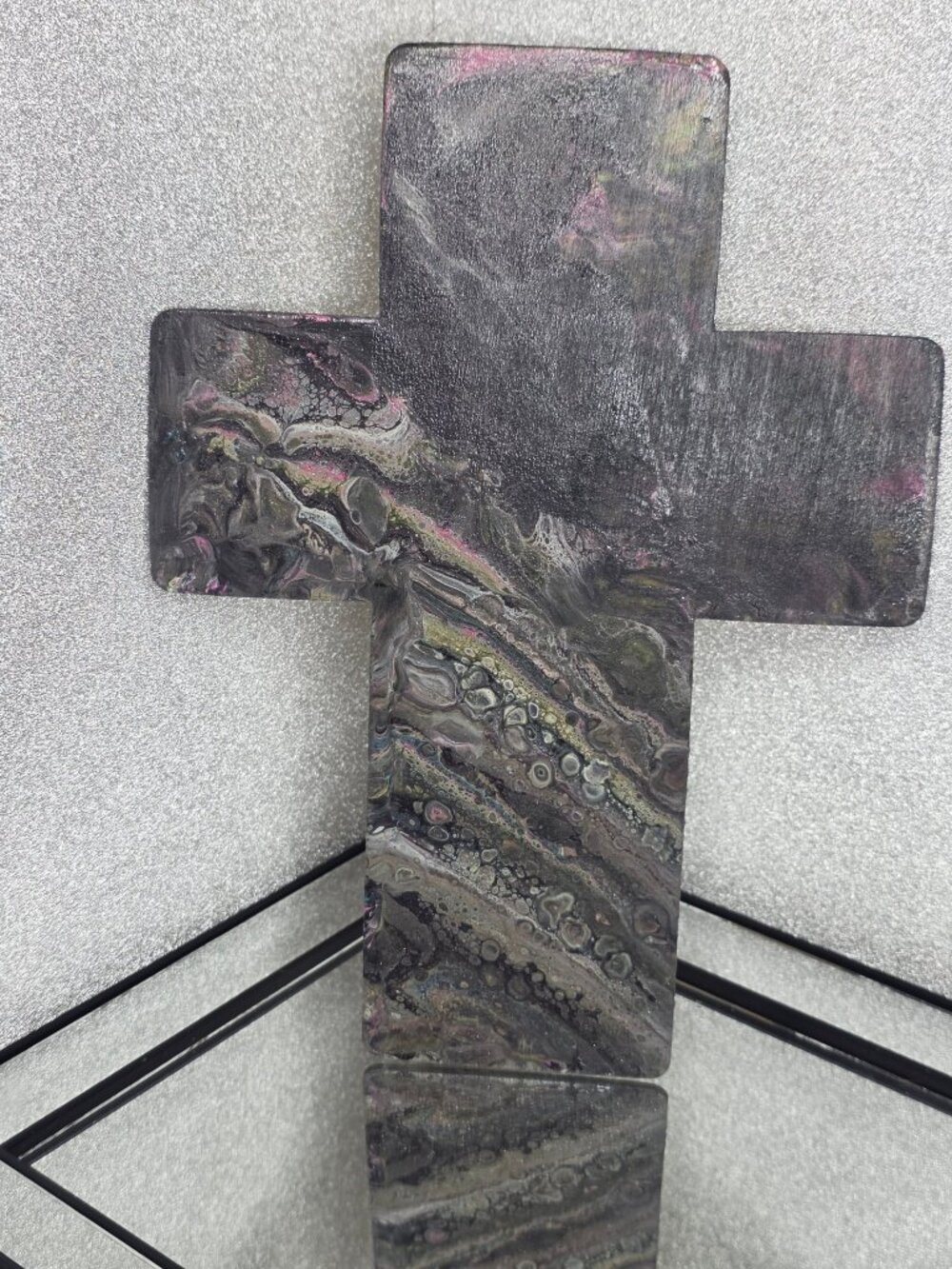 Hand-Poured Fluid Art Wooden Cross - Charcoal Storm - Large Decor